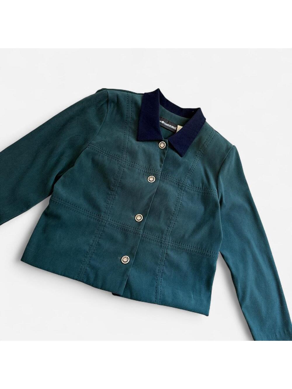 90s Sag Harbor Forest Green Button Up Jacket Contrast Collar Size 12 - Picture 2 of 8